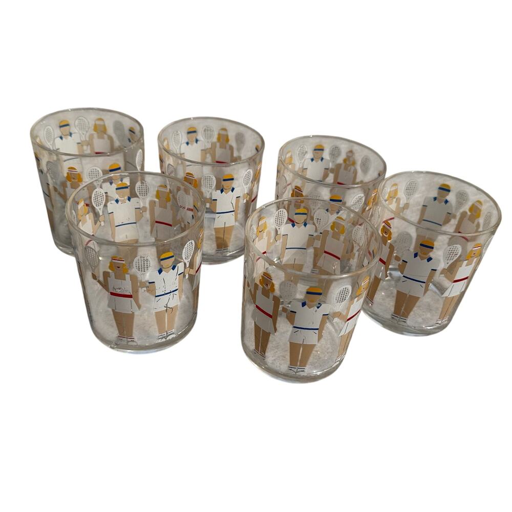Vintage Set of 6 HJ Stotter Tennis Players Acrylic Glasses Tumblers Mid-Century